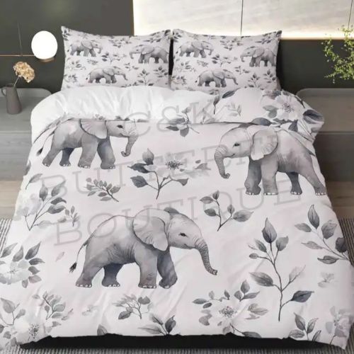 Grey Elephant and Floral Duvet Cover Set