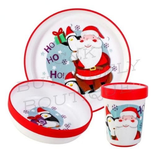 Christmas Kids’ Dinnerware Set – Santa &amp; Penguin Plate, Bowl, and Cup (3-Piece)