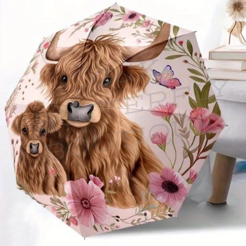 Highland Cow Umbrella – Floral Print Rain &amp; Sun Umbrella