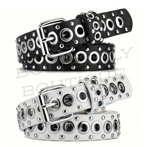 Punk Double Grommet Belt – Unisex Black &amp; White Rivet Buckle Belt