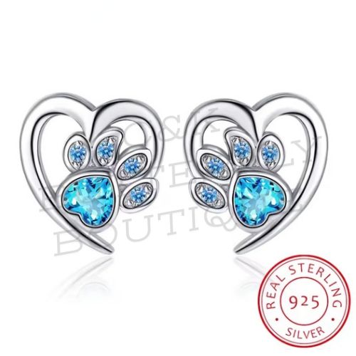 925 Sterling Silver Paw Print Heart Earrings with Blue Crystals