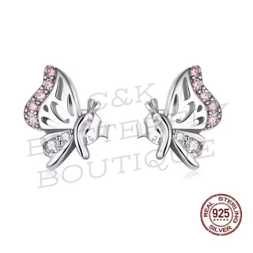 925 Sterling Silver Butterfly Stud Earrings – Pink &amp; White Crystal Accent