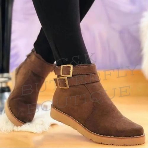 Women’s Double Buckle Ankle Boots – Casual Slip-On Suede-Style Booties