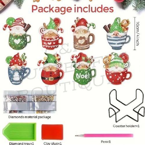 Christmas Diamond Painting Coaster Set – 8pcs Gnome Mug Designs with Tools &amp; Holder