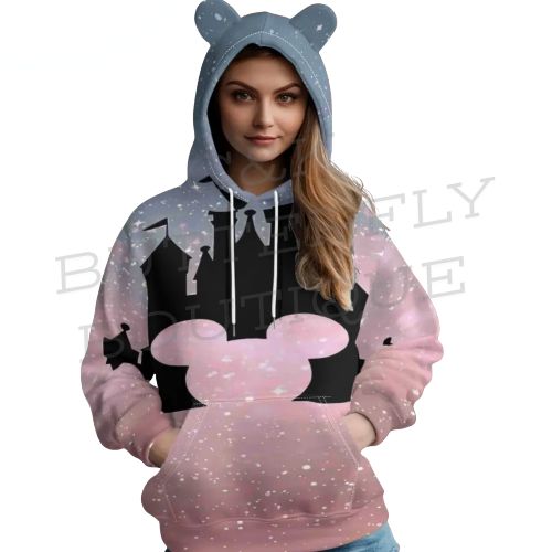 Women’s Mouse Ear Hoodie – Gradient Castle Print Pullover Sweatshirt