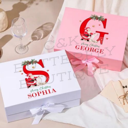 Personalized Christmas Gift Box – Custom Name &amp; Initial Keepsake Box with Ribbon