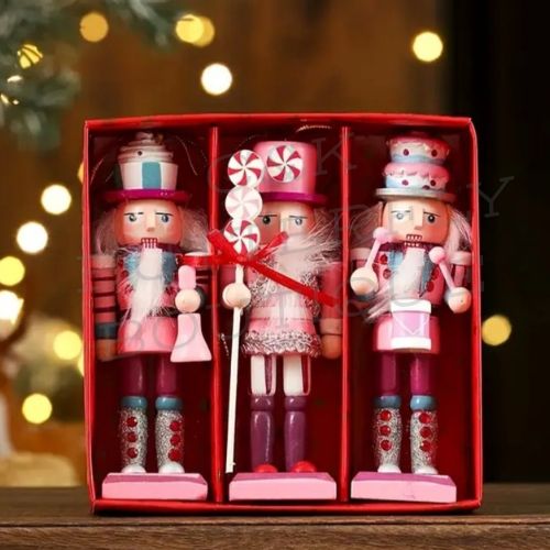 Pink Christmas Nutcracker Set – 3-Piece Wooden Holiday Figurine Collection