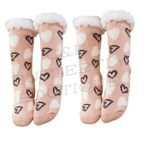 Cozy Heart Plush Lined Slipper Socks – Ultra Soft &amp; Warm (Set of 2)
