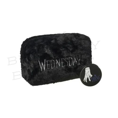 Wednesday Gothic Faux Fur Makeup Bag + Thing Mirror Set – Black Aesthetic Pouch