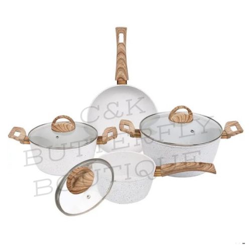 7-Piece White Marble Non-Stick Cookware Set – Wood-Effect Handles 🍳✨
