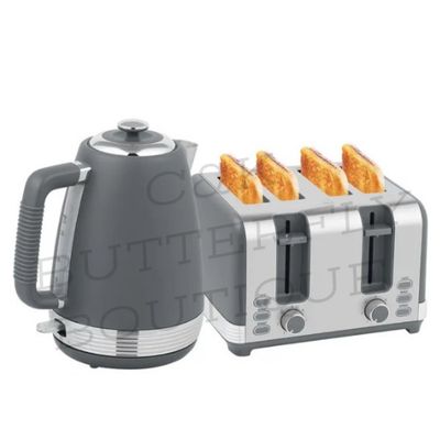 2-Piece Grey Kettle &amp; 4-Slice Toaster Set – Modern Kitchen Essentials