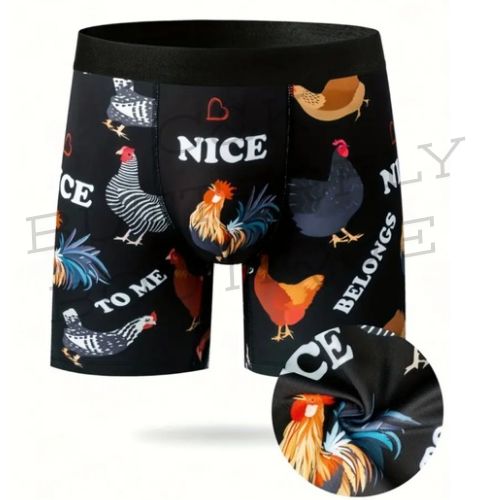 Funny Men’s Boxer Shorts – “Nice to Me Belongs” 🐔😄