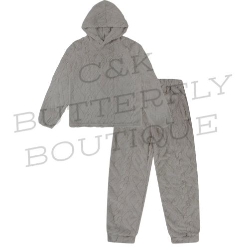 Womens Silver Cable Jaquard Fleece Lounge Set Ladies Pyjamas