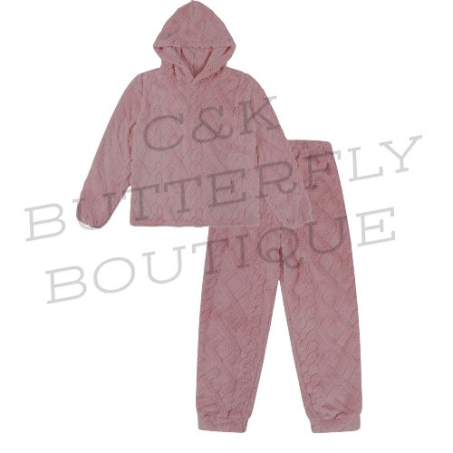 Womens Pink Cable Jaquard Fleece Lounge Set Ladies Pyjamas