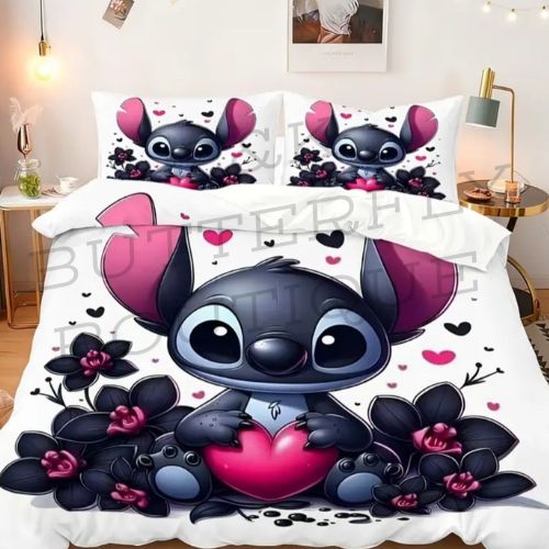 🛏️ Stitch Heart Floral Bedding Set (Cute Cartoon Design)