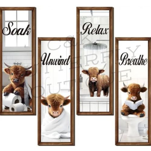 🛁🐮 Highland Cow Bathroom Wall Art Set – Soak • Relax • Unwind • Breathe