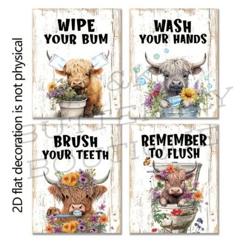 🐮🚽 Funny Highland Cow Bathroom Wall Art – 4-Piece Set