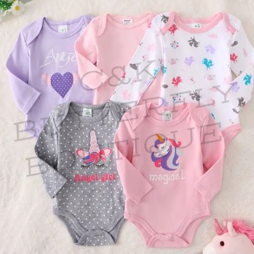 🦄 Baby Girls Unicorn Long Sleeve Bodysuit Set – 5 Pack