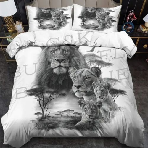 Lion Family Duvet Cover &amp; Pillowcase Set – Monochrome Safari Design