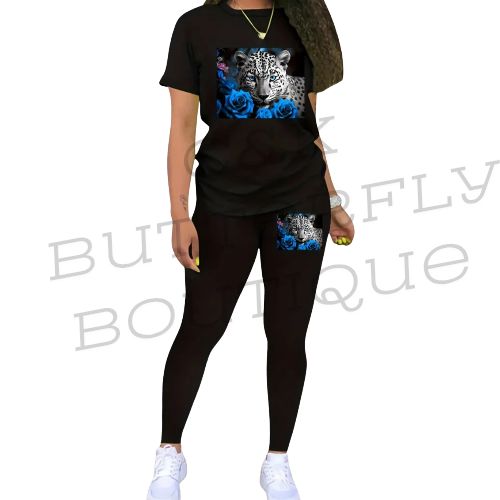 🐆 Women’s Leopard &amp; Blue Rose Two-Piece Lounge Set