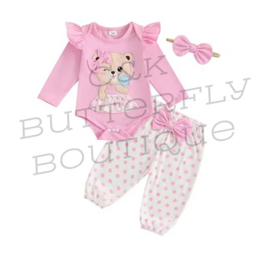 🧸 Baby Girl Teddy Bear 3-Piece Outfit Set