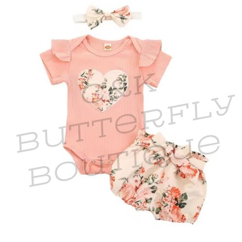 🌸 Baby Girl Floral Heart 3-Piece Outfit Set