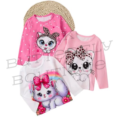 Girls Cute Cat Long Sleeve Tops – 3 Pack