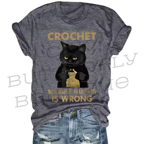 Women’s Crochet Cat Graphic T-Shirt