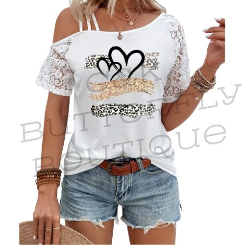 Lace Sleeve Heart Print Top