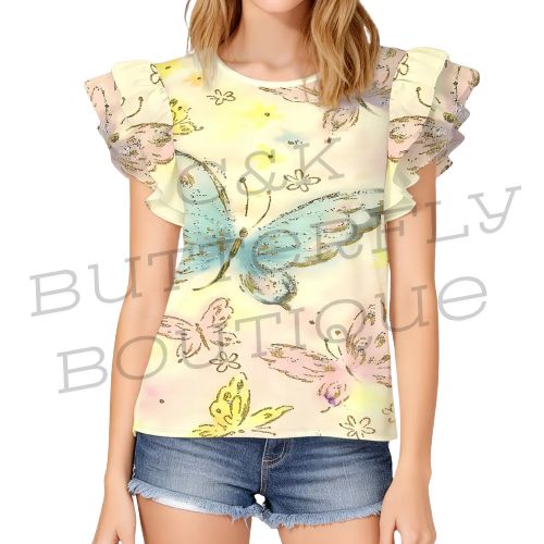 Pastel Butterfly Ruffle Sleeve Top