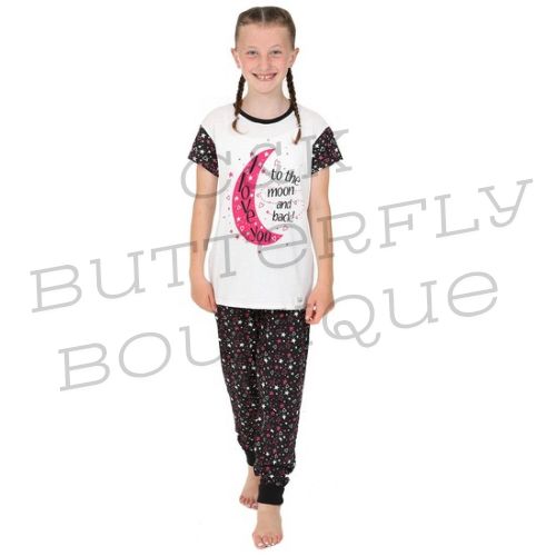 Girls 'I Love You to The Moon Back' Pyjamas Black and White Long PJs