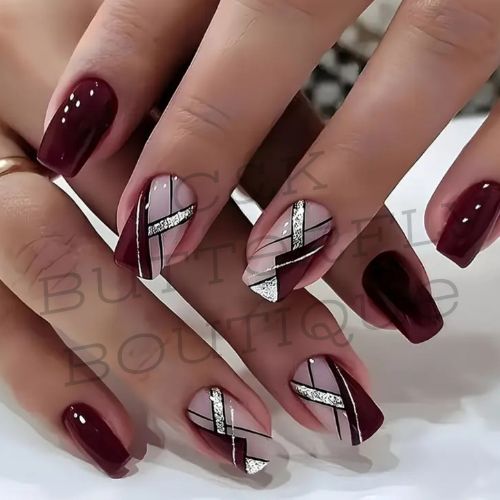 Burgundy Geometric Glam Nails