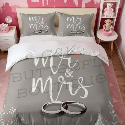 Mr &amp; Mrs Wedding Bedding Set – Grey Duvet Cover Set