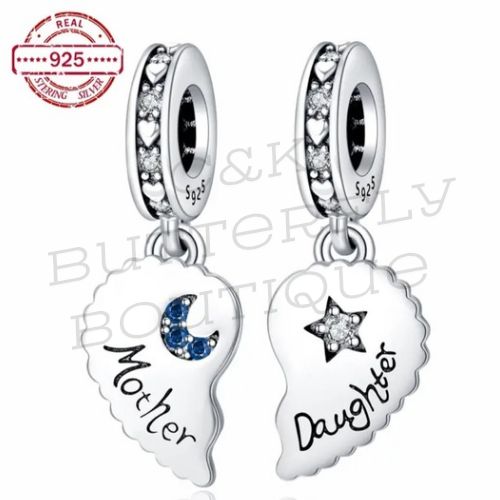 925 Sterling Silver Mother &amp; Daughter Split Heart Dangle Charm