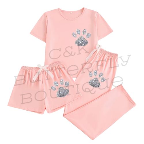 Women's Pink Paw Print Pajama Set (3-Piece Lounge Set