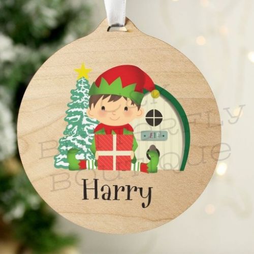Personalised Elf Round Wooden Decoration