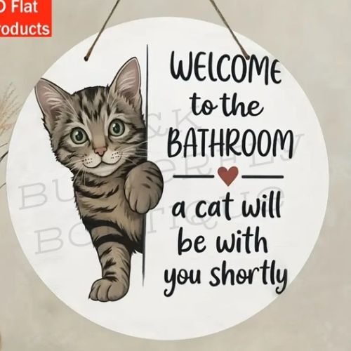 cat-themed bathroom wall hanging sign