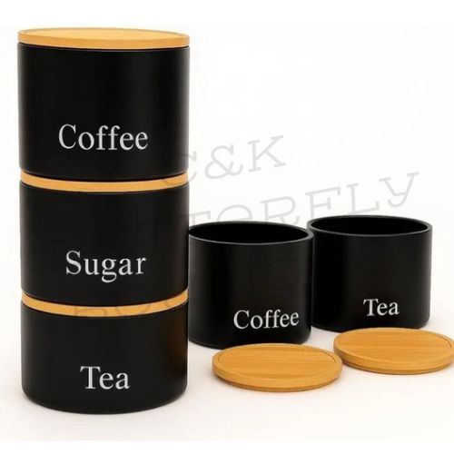Black Tea, Coffee &amp; Sugar Canister Set with Bamboo Lids