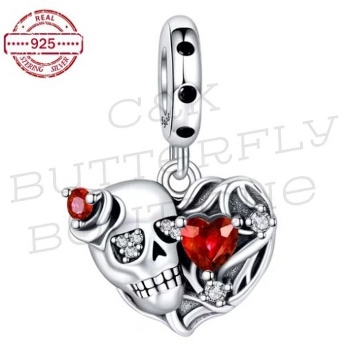 ❤️💀 925 Sterling Silver Skull &amp; Heart Charm 💀❤️