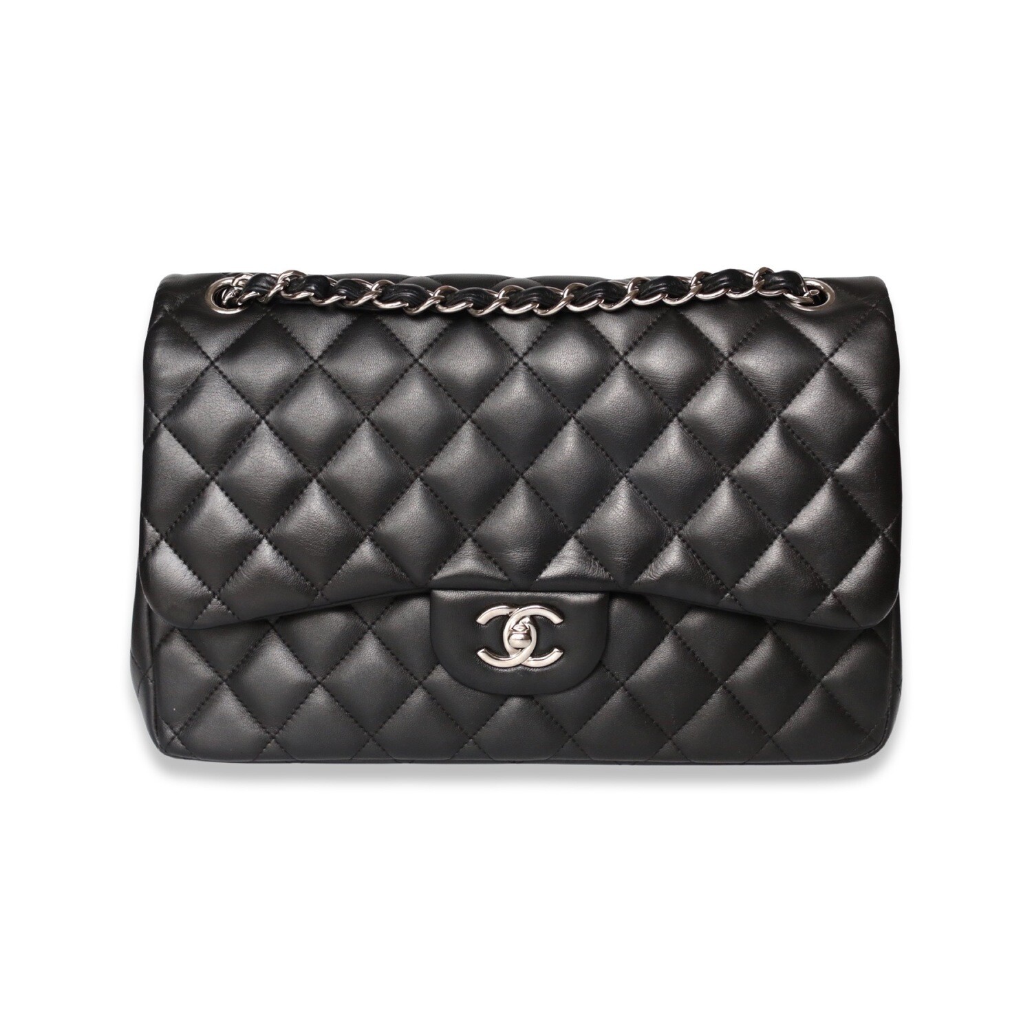 Chanel Jumbo Classic Flap Bag in Black Lambskin Leather Silver-tone Hardware