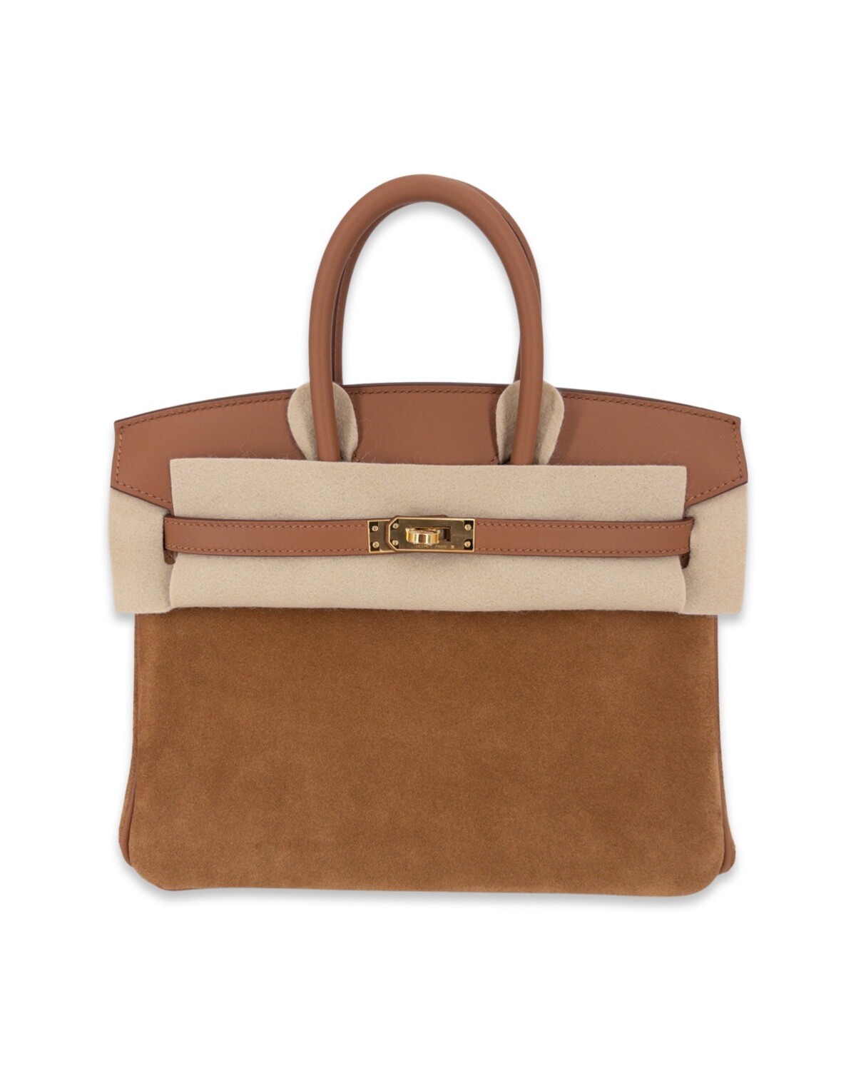 Hermes Birkin 25 Grizzly Bag Chamois Veau Doblis Suede  Gold Swift  Gold Hardware
