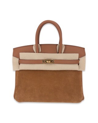 Hermes Birkin 25 Grizzly Bag Chamois Veau Doblis Suede  Gold Swift  Gold Hardware