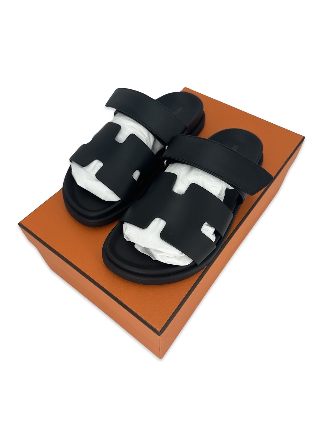 Hermes Chypre Sandals Black Leather Size 39
