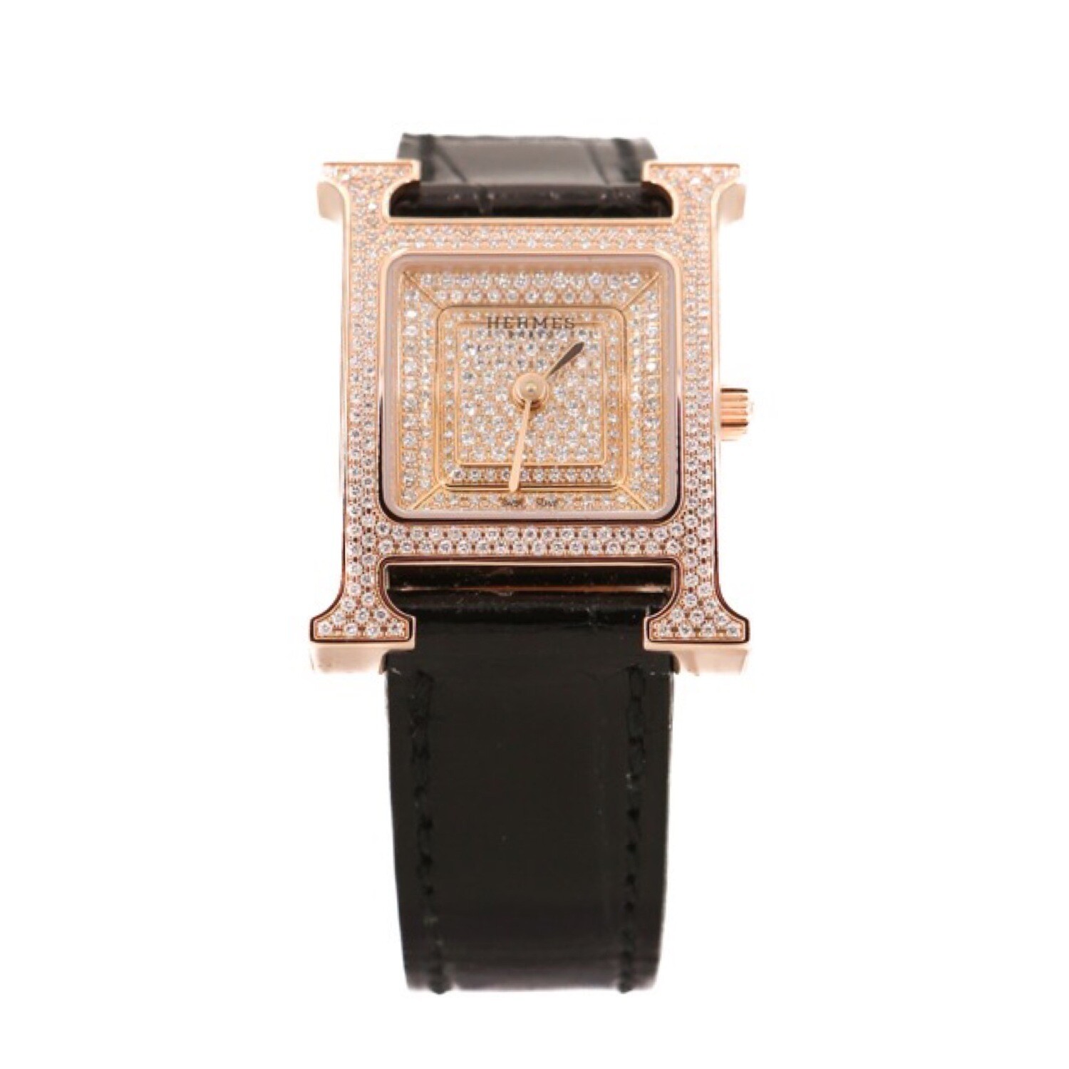 Hermes H Heure Watch Small Model Rose Gold Full Diamond Case