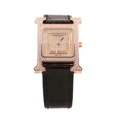 Hermes H Heure Watch Small Model Rose Gold Full Diamond Case