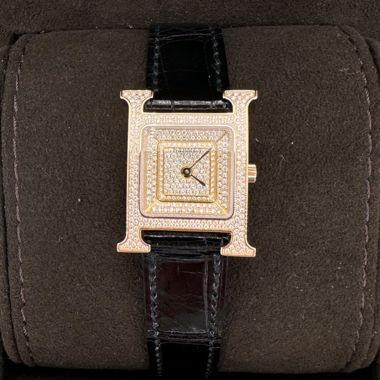 Hermes H Heure Watch Small Model Rose Gold Full Diamond Case