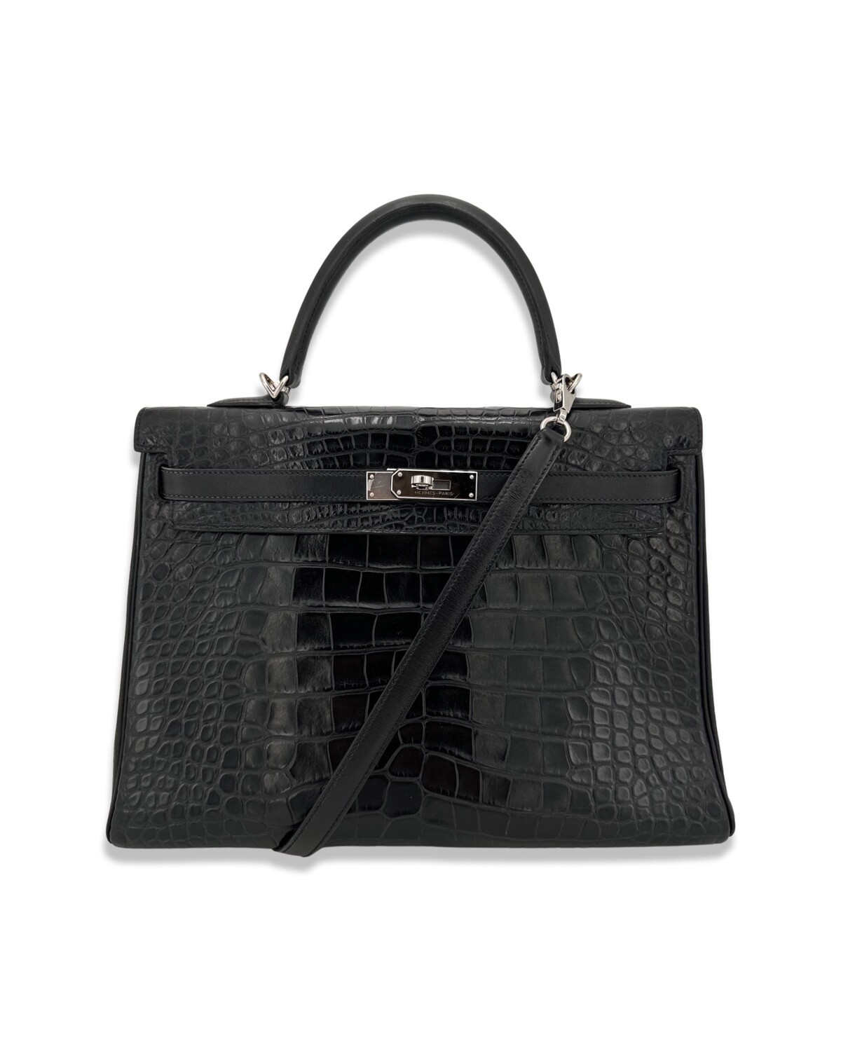 Hermes Kelly 35 Black Tri-leather Bag Alligator Box Clemence Palladium Hardware