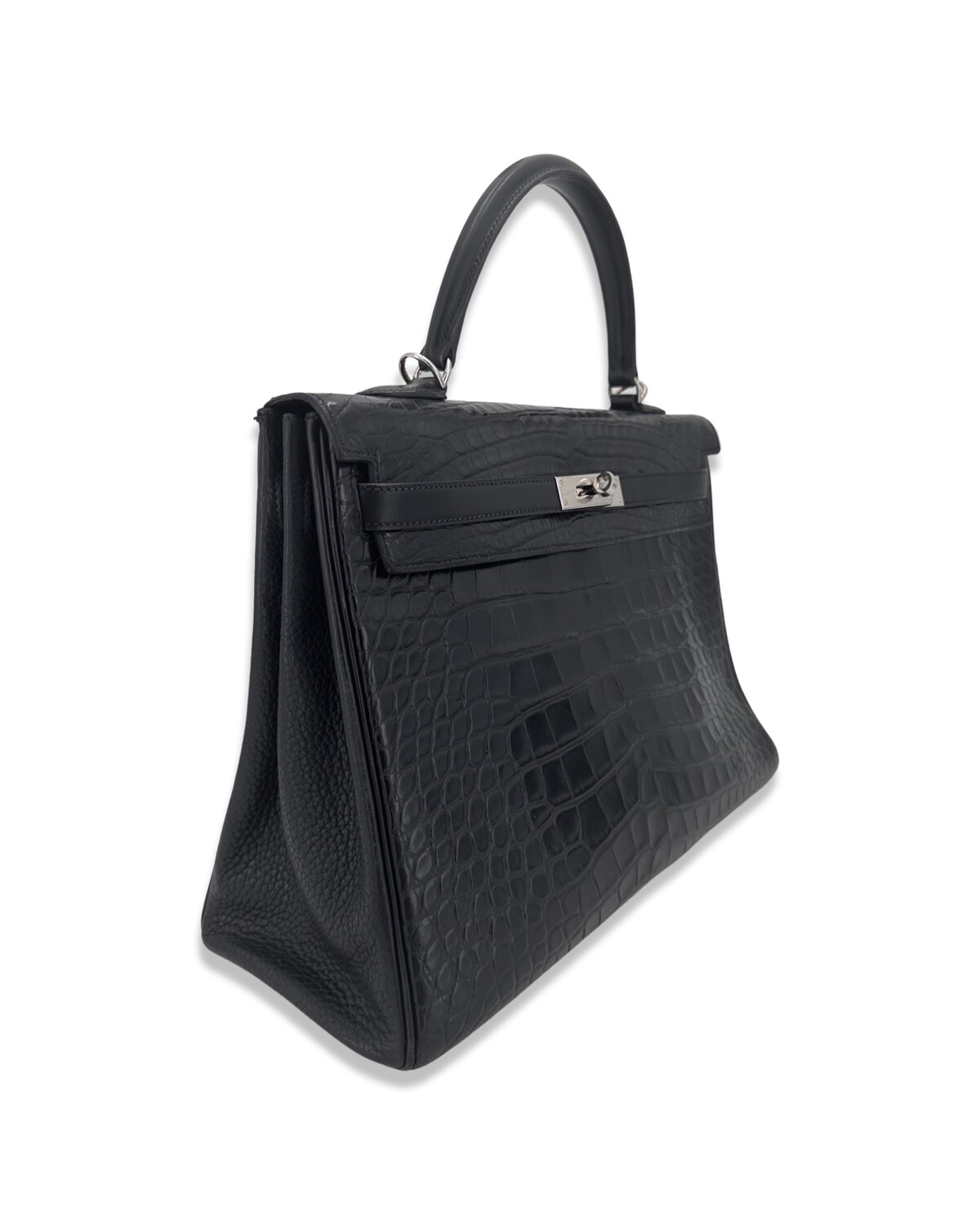 Hermes Kelly 35 Black Tri-leather Bag Alligator Box Clemence Palladium Hardware