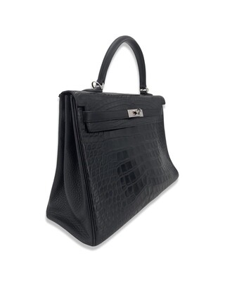 Hermes Kelly 35 Black Tri-leather Bag Alligator Box Clemence Palladium Hardware