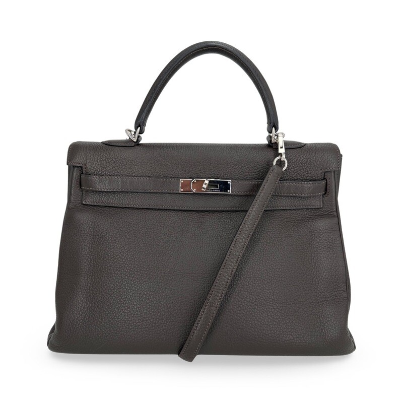 Hermes Kelly 35cm Chocolate Taurillon Clemance Leather Palladium Hardware